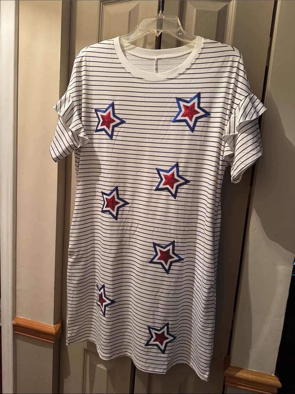 Boutique Striped Star Embroidered Ruffle Sleevws T-Shirt Dress